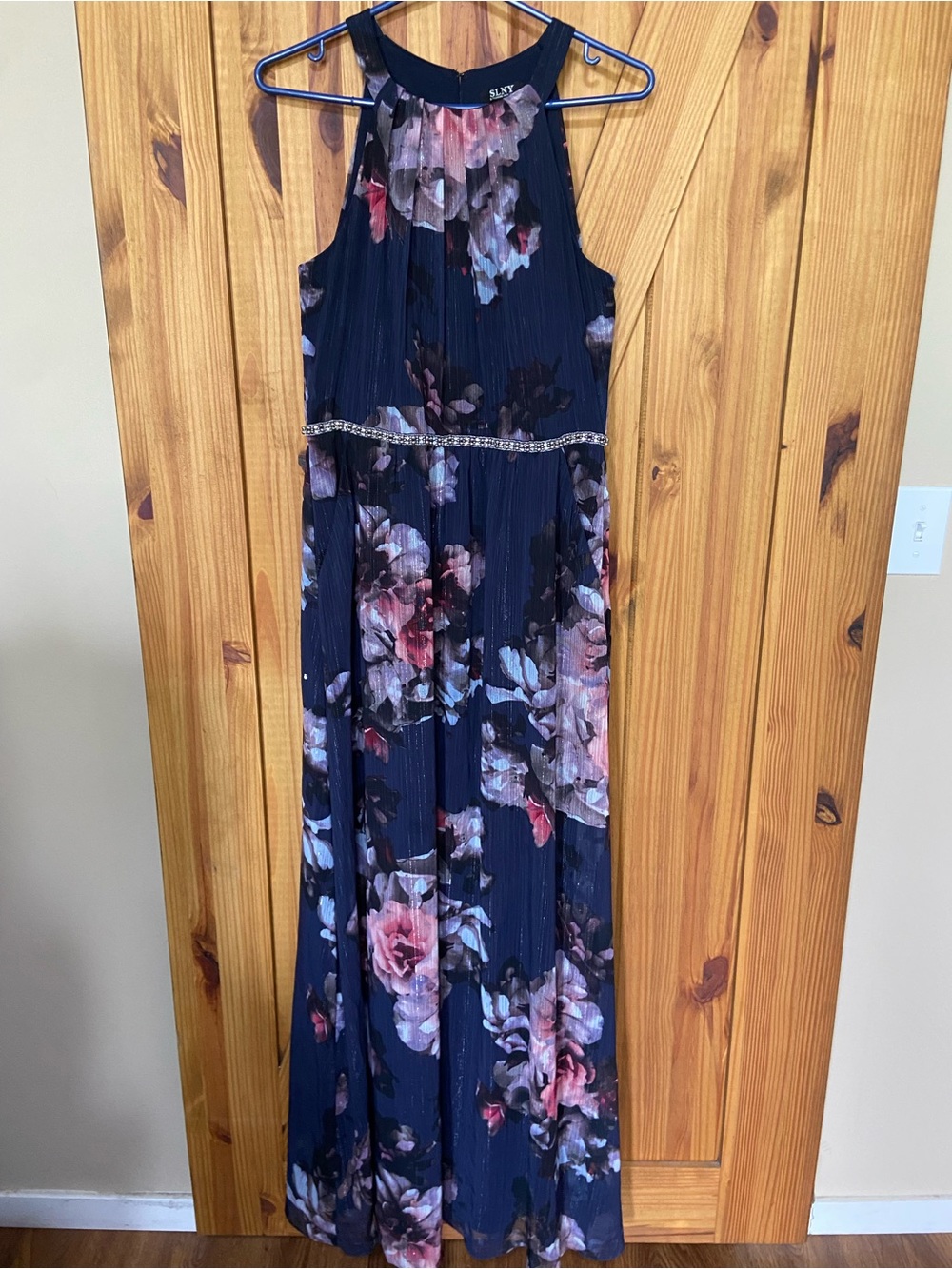 SLNY Navy Dress with Pink and Purple Floral Print with pockets and back zipper